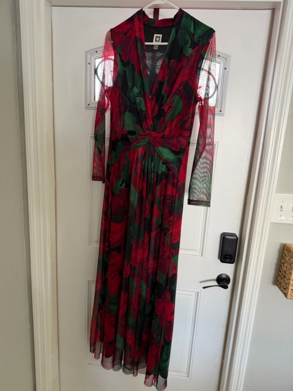 Anne Klein Red & Green Floral Wrap Maxi Dress